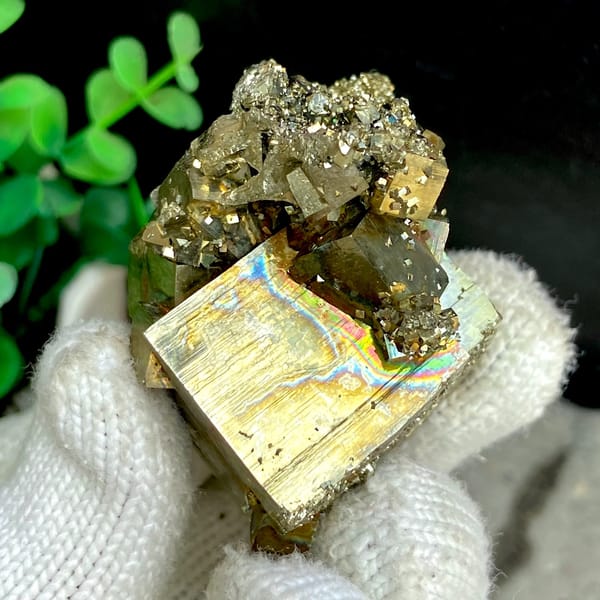 Large iridescent pyrite cube on pyrite base from Shangbao, Hunan, China, close-up of terminations
