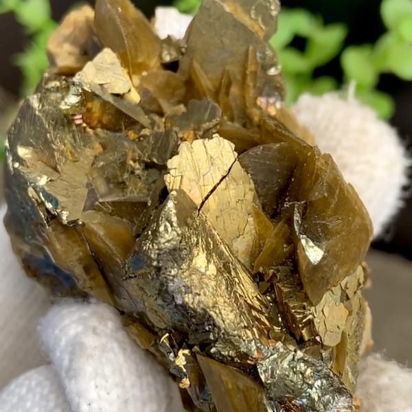 Golden chalcopyrite over bladed siderite from Guizhou, China, held in gloved hand