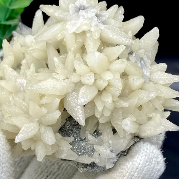 Dome of white flower-form calcite points from Guizhou, China, side view