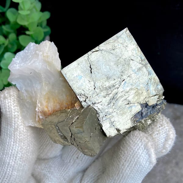 Large pale pyrite cube on pyrite base with white quartz from Shangbao, Hunan, China, second angle