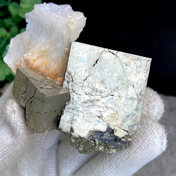 Large pale pyrite cube on pyrite base with white quartz from Shangbao, Hunan, China, reverse side