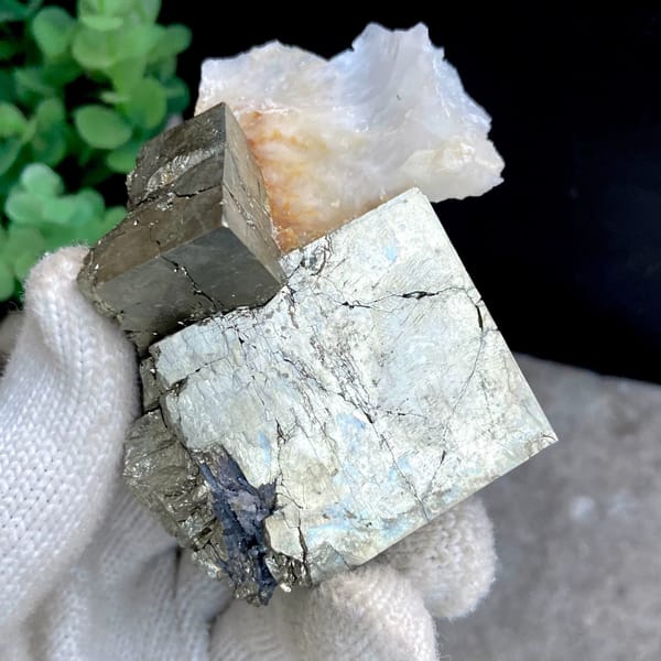 Large pale pyrite cube on pyrite base with white quartz from Shangbao, Hunan, China, top view