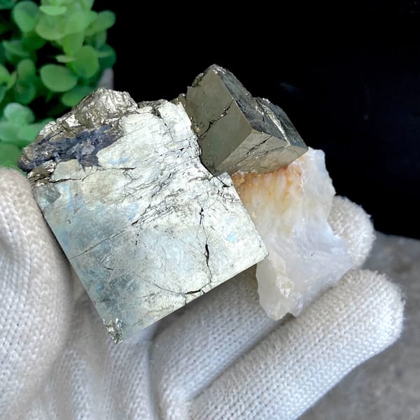 Large pale pyrite cube on pyrite base with white quartz from Shangbao, Hunan, China, side view