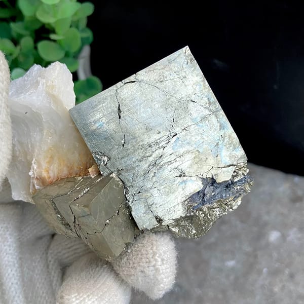 Large pale pyrite cube on pyrite base with white quartz from Shangbao, Hunan, China, overall view