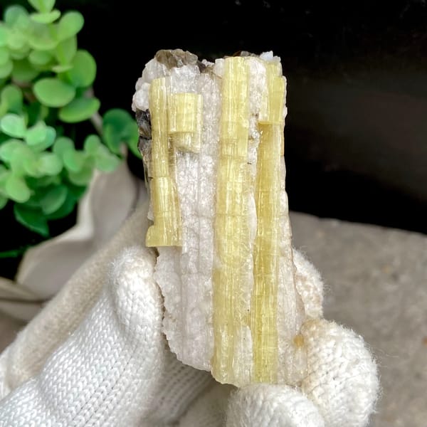 Tall golden topaz column with white matrix from Germany, side view
