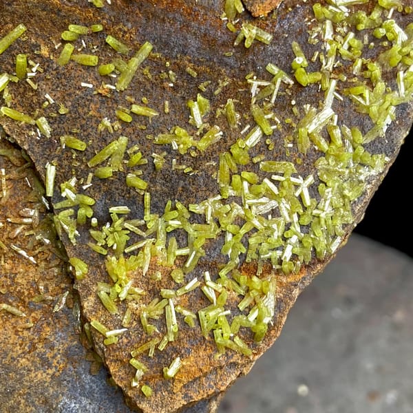 Plate of rusty matrix sprinkled with green pyromorphite needles from Wuzhou, Guangxi, China, close-up of the crystal faces