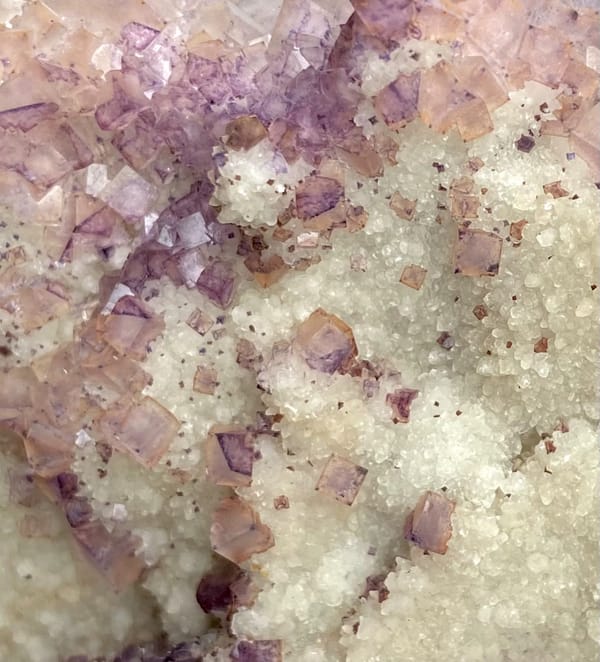Purple fluorite cubes over white quartz plate from Guizhou, China, reverse side