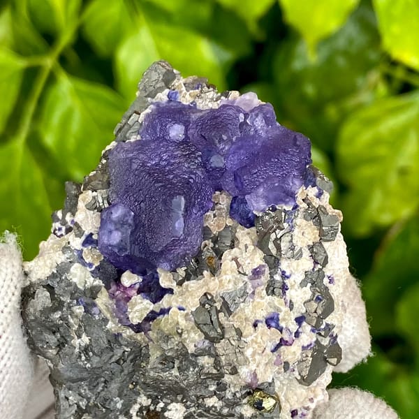 Vivid purple fluorite octahedron on grey arsenopyrite from Inner Mongolia, China, close-up of the crystal faces