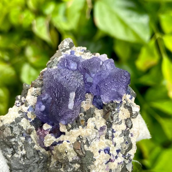 Vivid purple fluorite octahedron on grey arsenopyrite from Inner Mongolia, China, side view