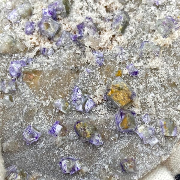 Small purple-edged garden fluorite cubes on grey plate from Hebei, China, close-up of the crystal faces