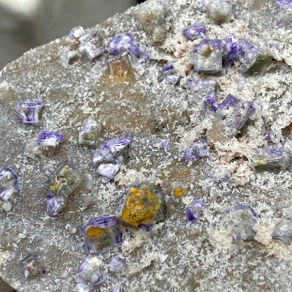 Small purple-edged garden fluorite cubes on grey plate from Hebei, China, reverse side