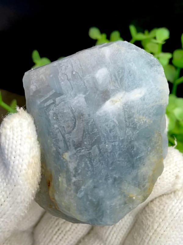 Pale blue massive baryte block from Yunnan, China, held in gloved hand