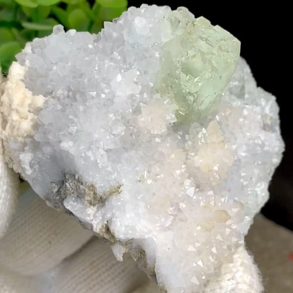 Pale green stepped fluorite cube on sparkling quartz druse from Fujian, China, held in gloved hand