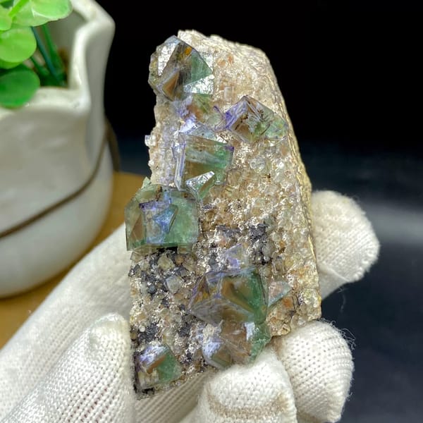 Green fluorite cubes with purple edges on grey matrix from Hebei, China, second angle