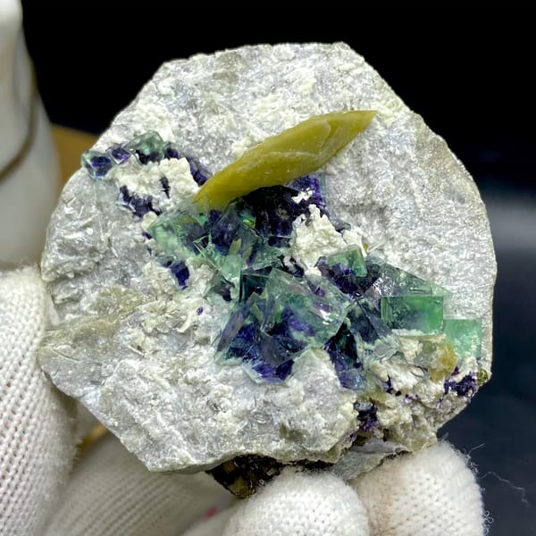Purple-cored green fluorite cubes with yellow siderite blade from Inner Mongolia, China, second angle