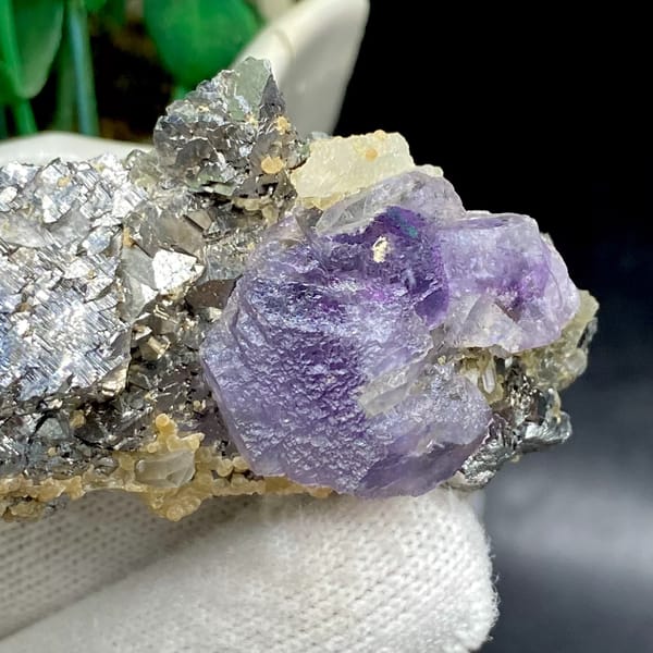 Purple fluorite cube on grey arsenopyrite and quartz from Yaogangxian, Hunan, China, close-up of terminations