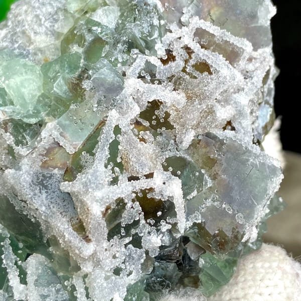 Green sugar fluorite cubes with frosted white druse from Fujian, China, top view