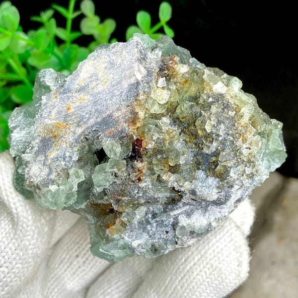 Green sugar fluorite cubes with frosted white druse from Fujian, China, close-up of terminations