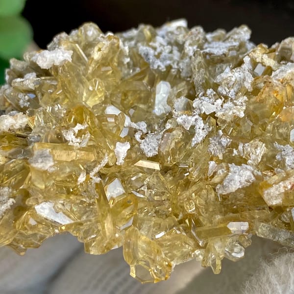 Dense cluster of golden transparent baryte blades from Yunnan, China, close-up of the crystal faces