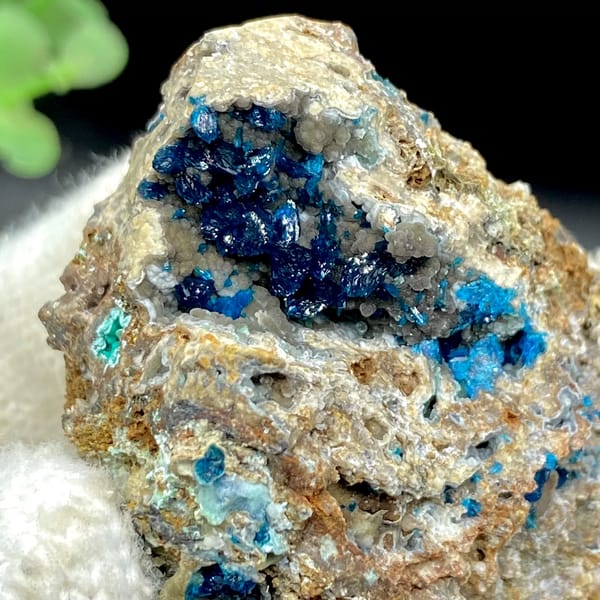 Deep blue veszelyite crystals in pale pocket from Yunnan, China, reverse side