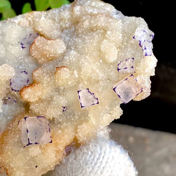 Small purple-edged fluorite cubes on white quartz druse from Guizhou, China, reverse side