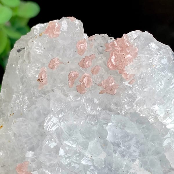 Pink rhodochrosite dots on white quartz block from Guangxi, China, close-up of terminations