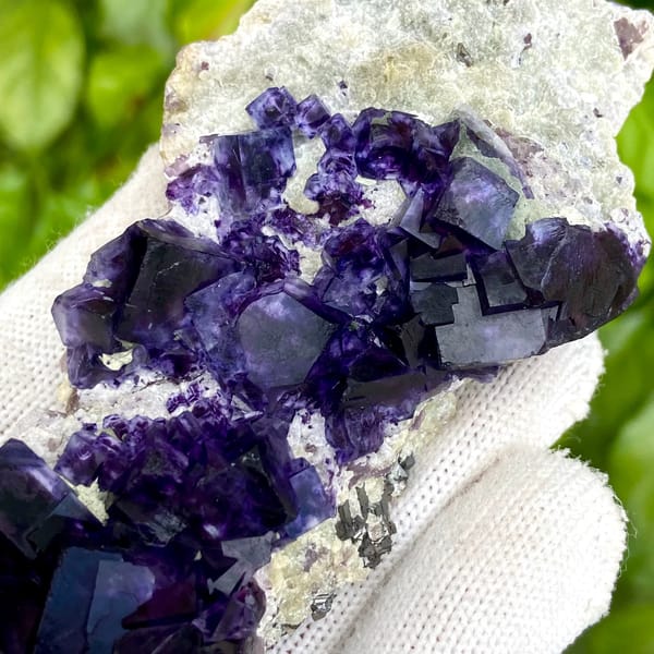 Deep purple phantom fluorite cubes on white quartz from Inner Mongolia, China, side view