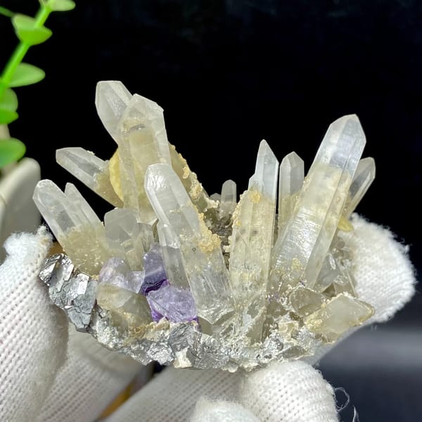 Clear quartz prisms with purple fluorite cube and siderite from Yaogangxian, Hunan, China, second angle