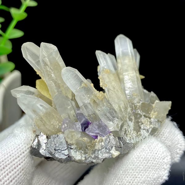 Clear quartz prisms with purple fluorite cube and siderite from Yaogangxian, Hunan, China, overall view