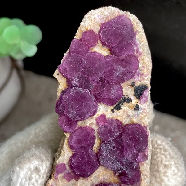 Raspberry strawberry-fluorite balls on tall tan sliver from Henan, China, side view