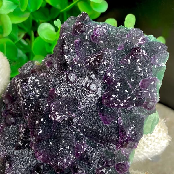 Dark green fluorite octahedra with purple edges and sparkling coating from Zhejiang, China, top view