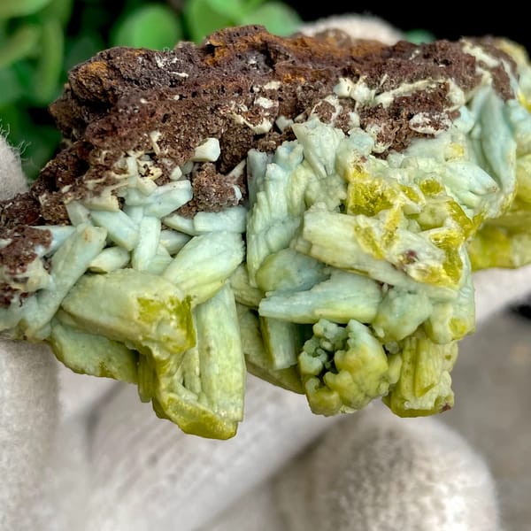 Two-tone pale green and yellow pyromorphite on limonite from Guangxi, China, top view