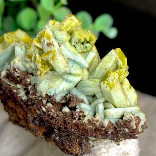 Two-tone pale green and yellow pyromorphite on limonite from Guangxi, China, detail of the matrix contact