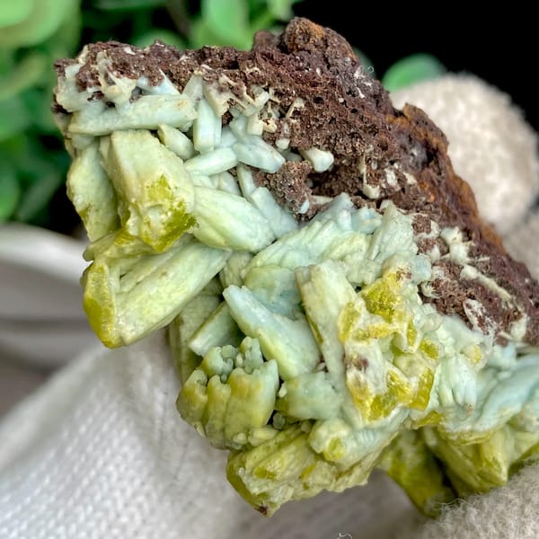 Two-tone pale green and yellow pyromorphite on limonite from Guangxi, China, side view