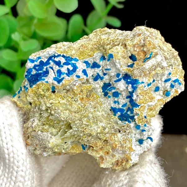 Electric-blue platy veszelyite on tan matrix from Yunnan, China, second angle