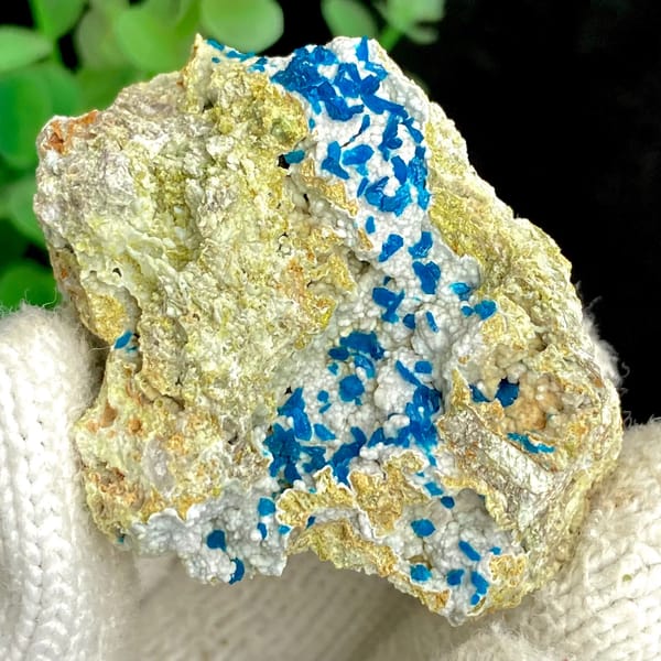Electric-blue platy veszelyite on tan matrix from Yunnan, China, top view