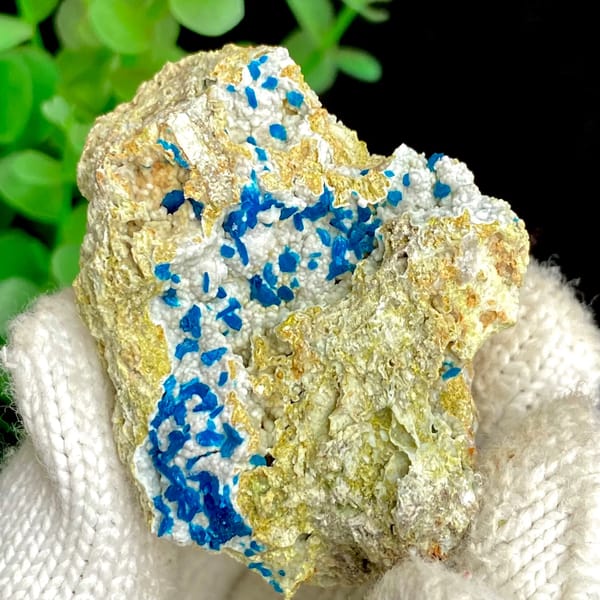 Electric-blue platy veszelyite on tan matrix from Yunnan, China, close-up of terminations
