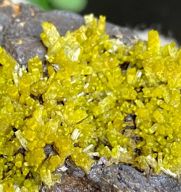 Band of matcha-green pyromorphite across dark limonite from Guangxi, China, detail of the matrix contact