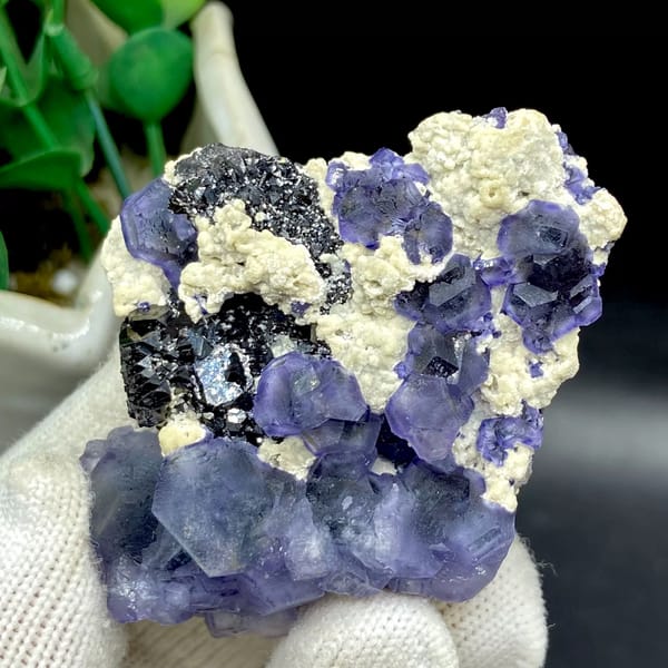 Frosted lavender phantom fluorite with black crystals and cream druse from Inner Mongolia, China, close-up of terminations