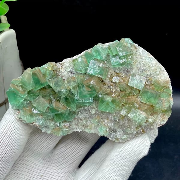 Glassy sea-green fluorite cubes on pale matrix plate from Hebei, China, second angle