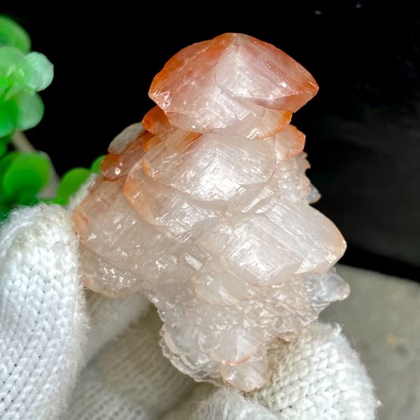 Pagoda-shaped calcite with red-capped top from Hubei, China, second angle
