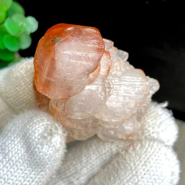 Pagoda-shaped calcite with red-capped top from Hubei, China, top view