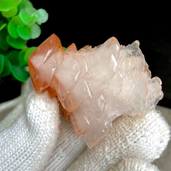 Pagoda-shaped calcite with red-capped top from Hubei, China, detail of the matrix contact
