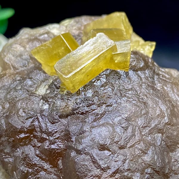 Golden baryte blades on smooth brown fluorite ball from Jiangxi, China, reverse side