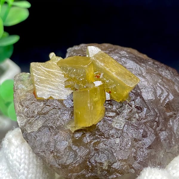 Golden baryte blades on smooth brown fluorite ball from Jiangxi, China, close-up of terminations