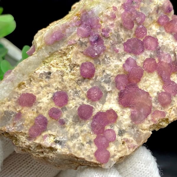 Raspberry strawberry-fluorite balls on tall tan plate from Henan, China, top view
