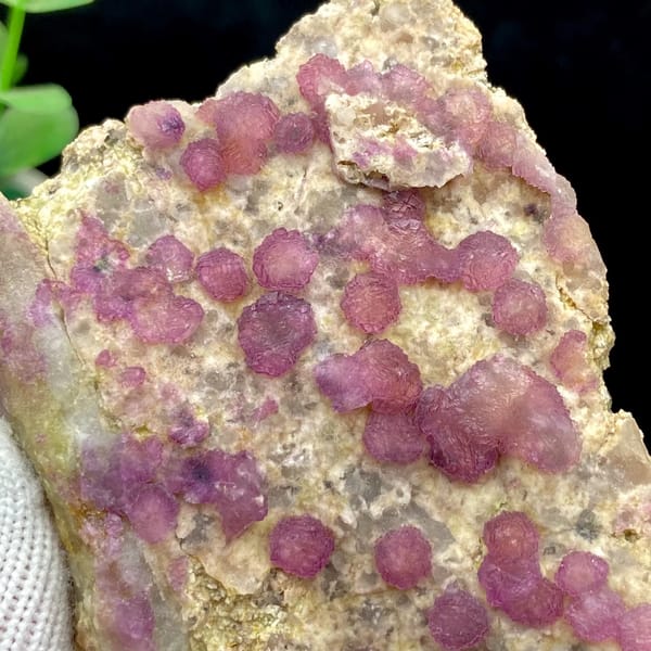 Raspberry strawberry-fluorite balls on tall tan plate from Henan, China, side view
