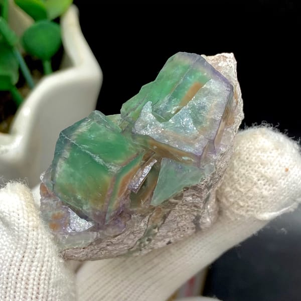 Transparent green fluorite cubes with violet edges on tan rock from Hebei, China, second angle