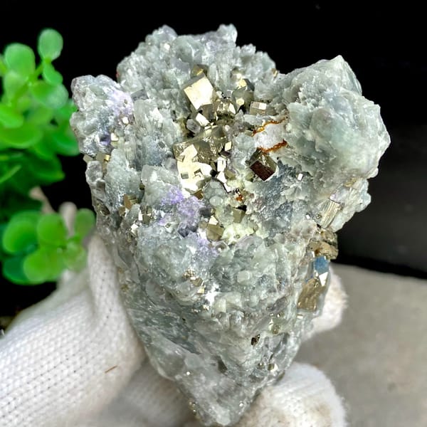 Brassy pyrite cubes on pale green quartz from Shangbao, Hunan, China, second angle