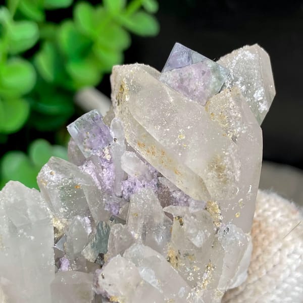 Pale lilac fluorite cubes with quartz and arsenopyrite from Yaogangxian, Hunan, China, close-up of the crystal faces